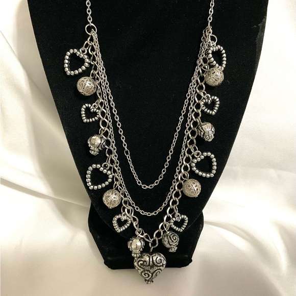 SilverTone Acrylic Heart Charms Necklace - Picture 3 of 5